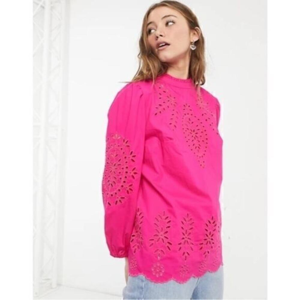 ▶️ J.Crew ◀️ Pink Mockneck Cotton Poplin Top with Embroidered Eyelet